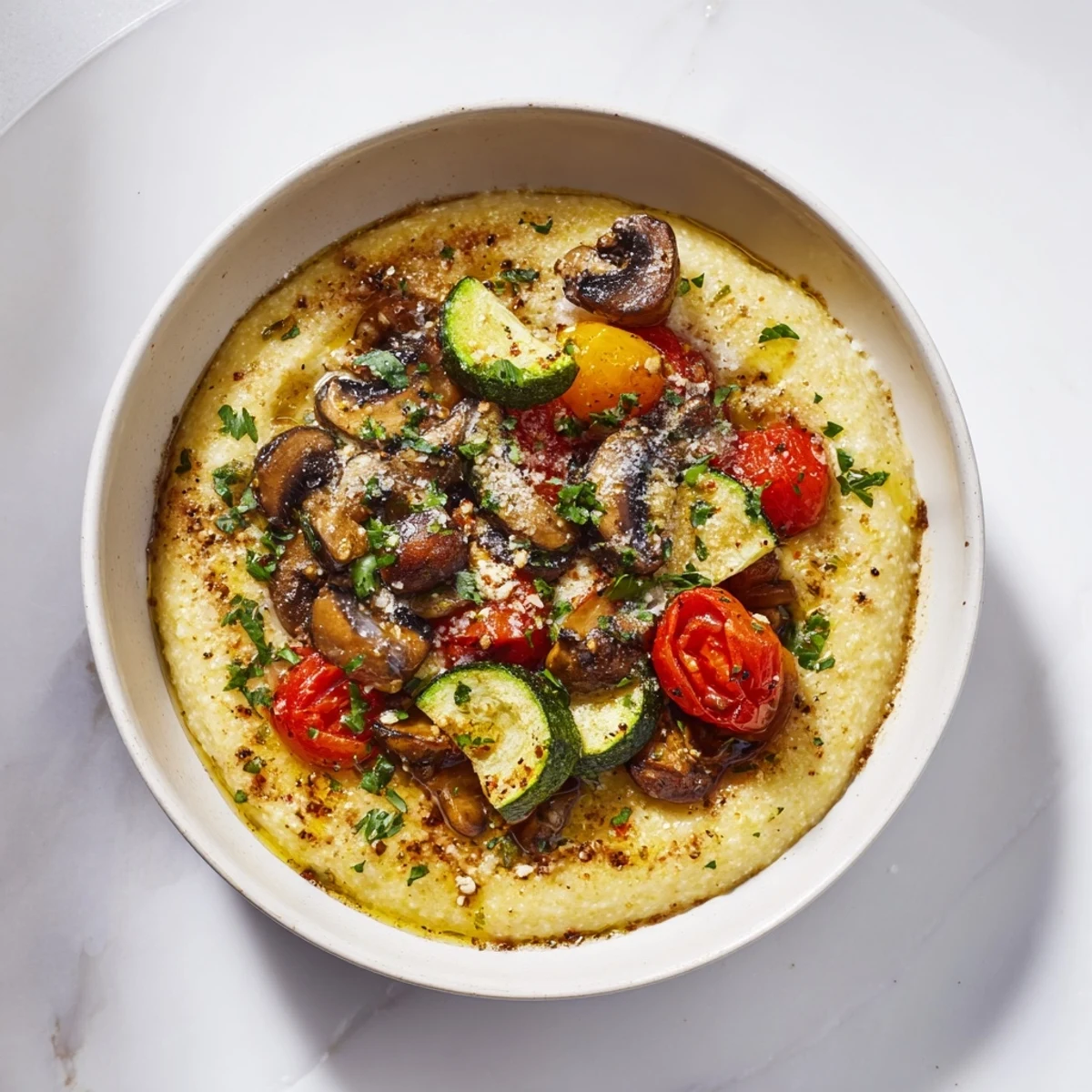 Creamy Cornmeal Mush Polenta Bowls presented warm, topped with sautéed mushrooms and roasted vegetables.