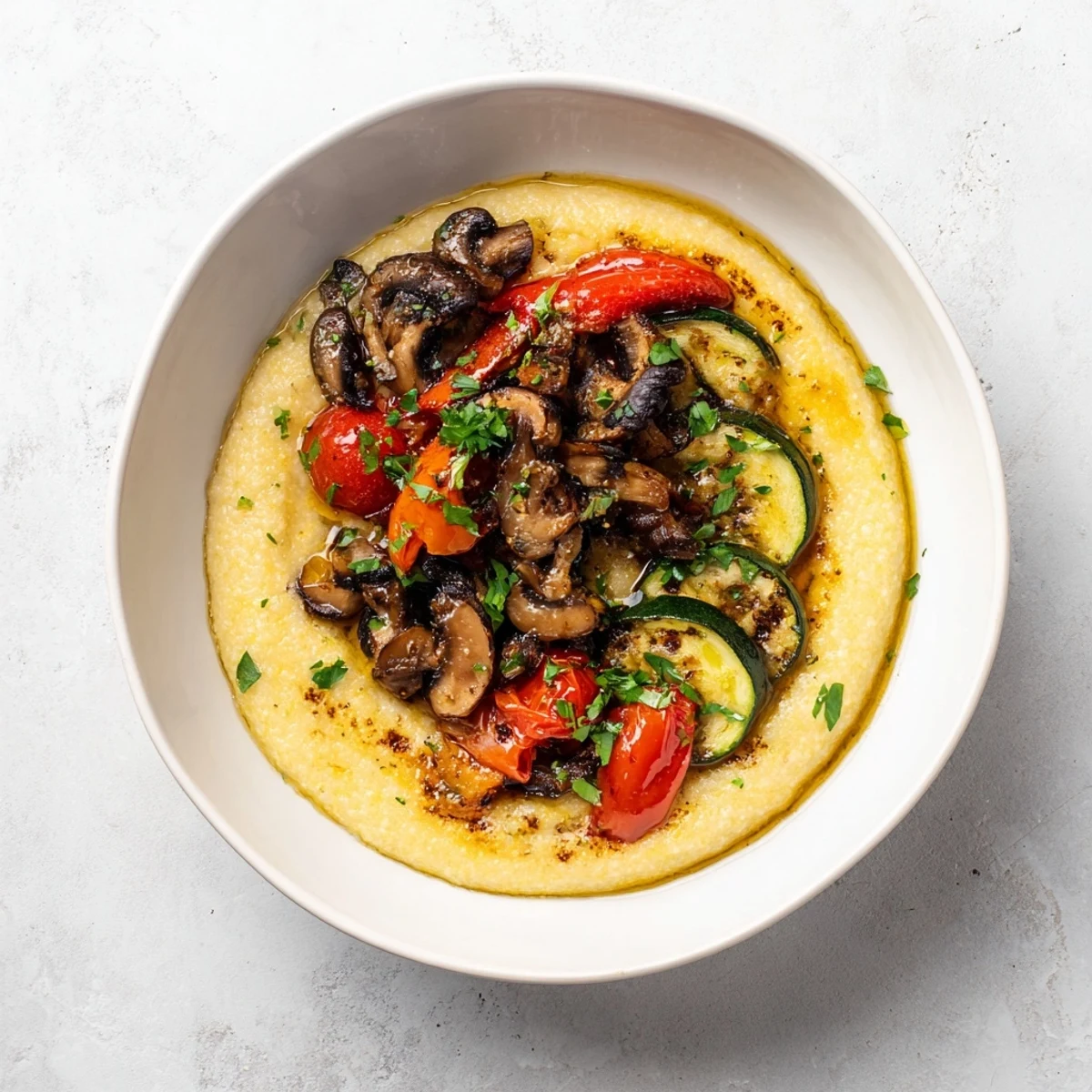 A vibrant plating of Cornmeal Mush Polenta Bowls, featuring a sunny fried egg atop a bed of creamy polenta.