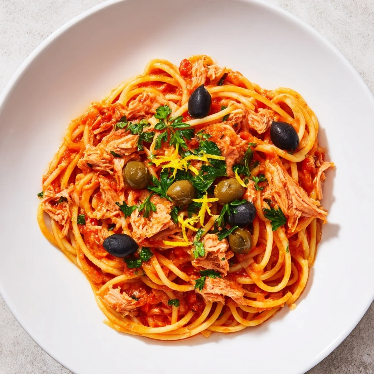 Golden ribbons of pasta with tuna, olives, & capers simmer in a rich tomato sauce, ready to serve.