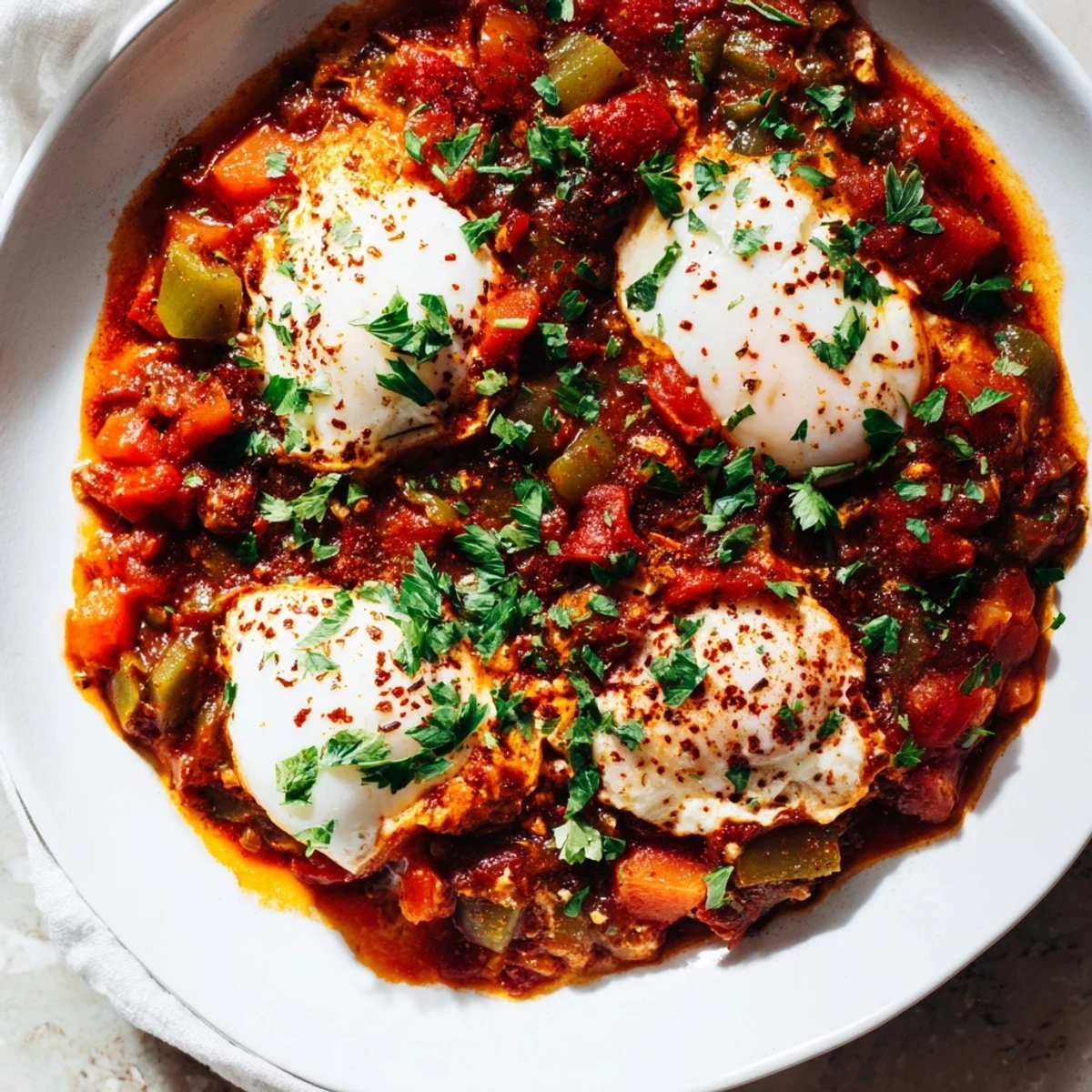 A steaming skillet of Shakshuka, with vibrant red sauce and perfectly poached eggs, ready to enjoy.