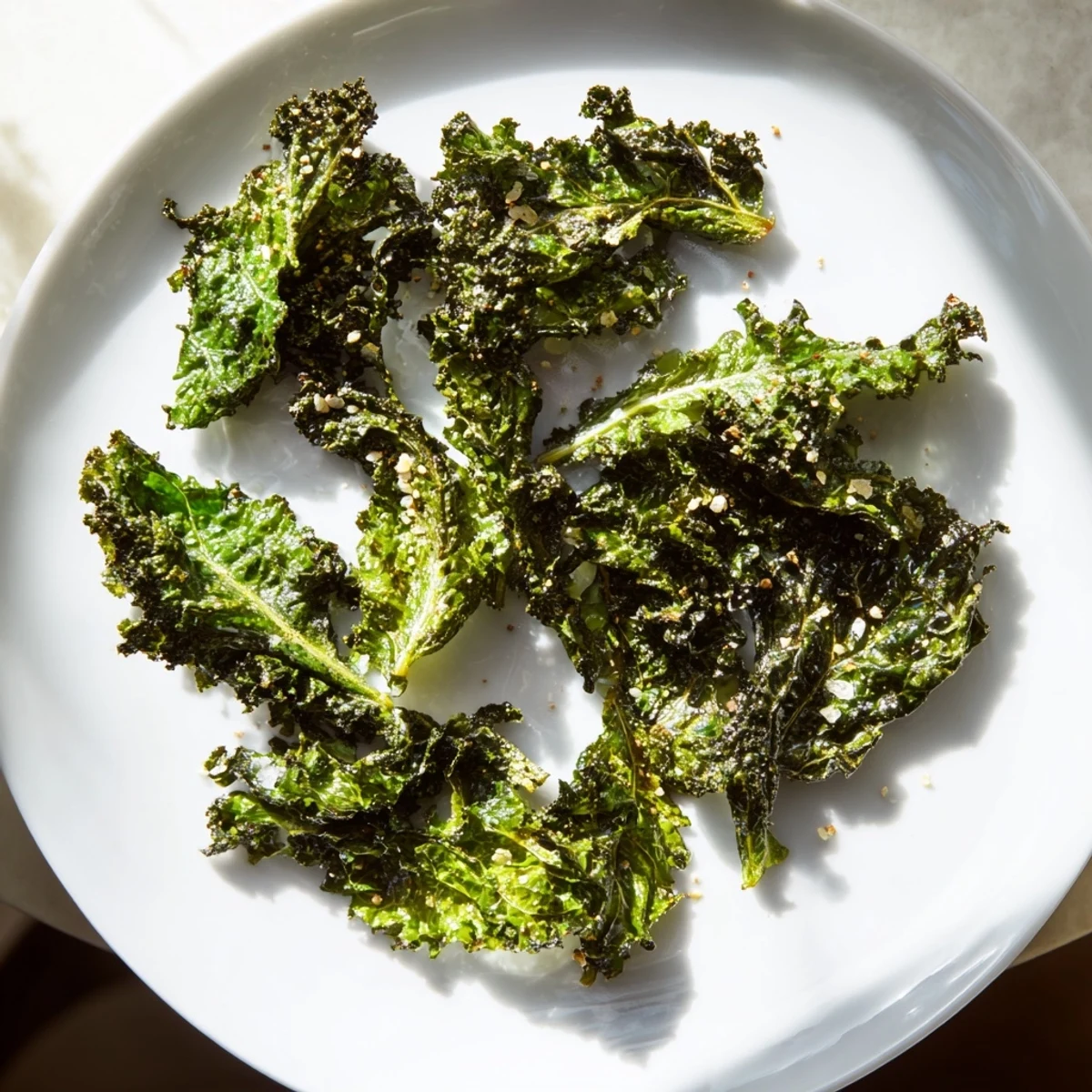 Enjoy a close-up of perfectly seasoned and baked homemade Kale Chips, a gluten-free American snack.