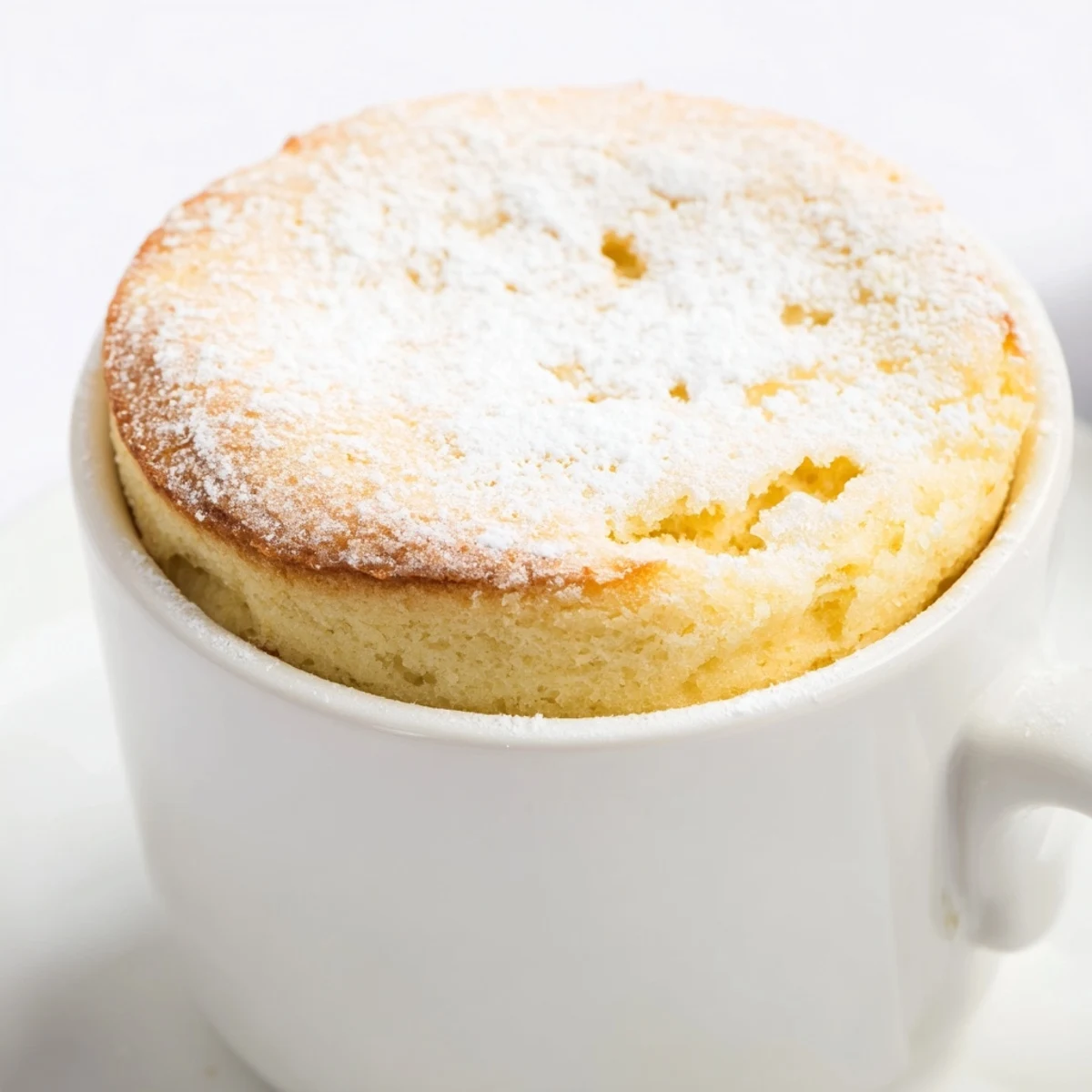 A close-up of a perfectly cooked chocolate microwave mug cake, drizzled with sweet icing.