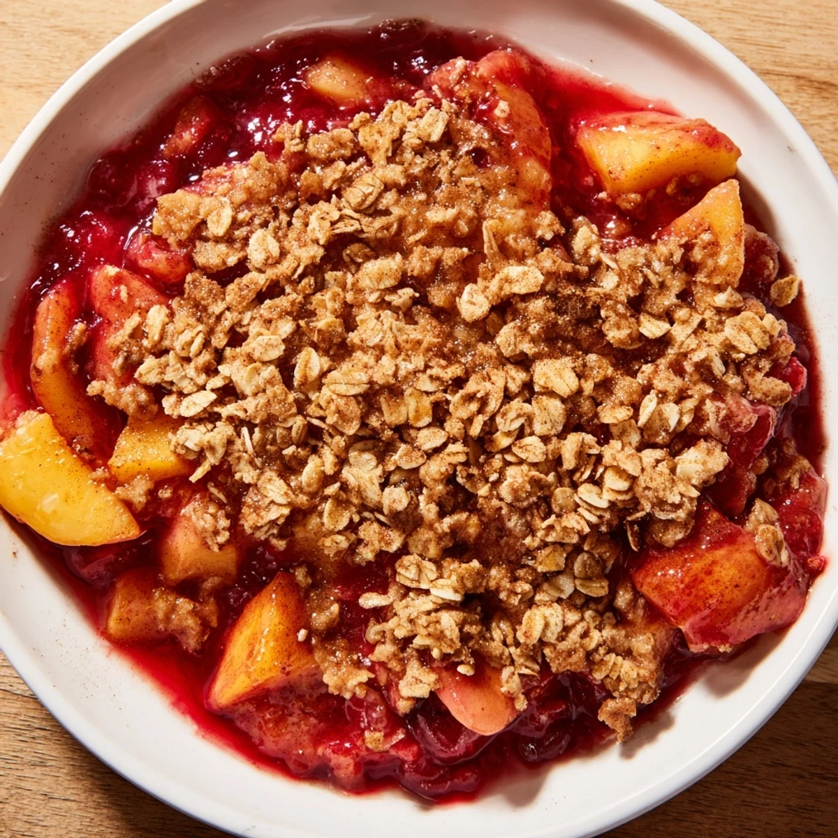 Steaming-hot fruit crisp with frozen fruit, showcasing a crispy oat topping and sweet, juicy fruit.