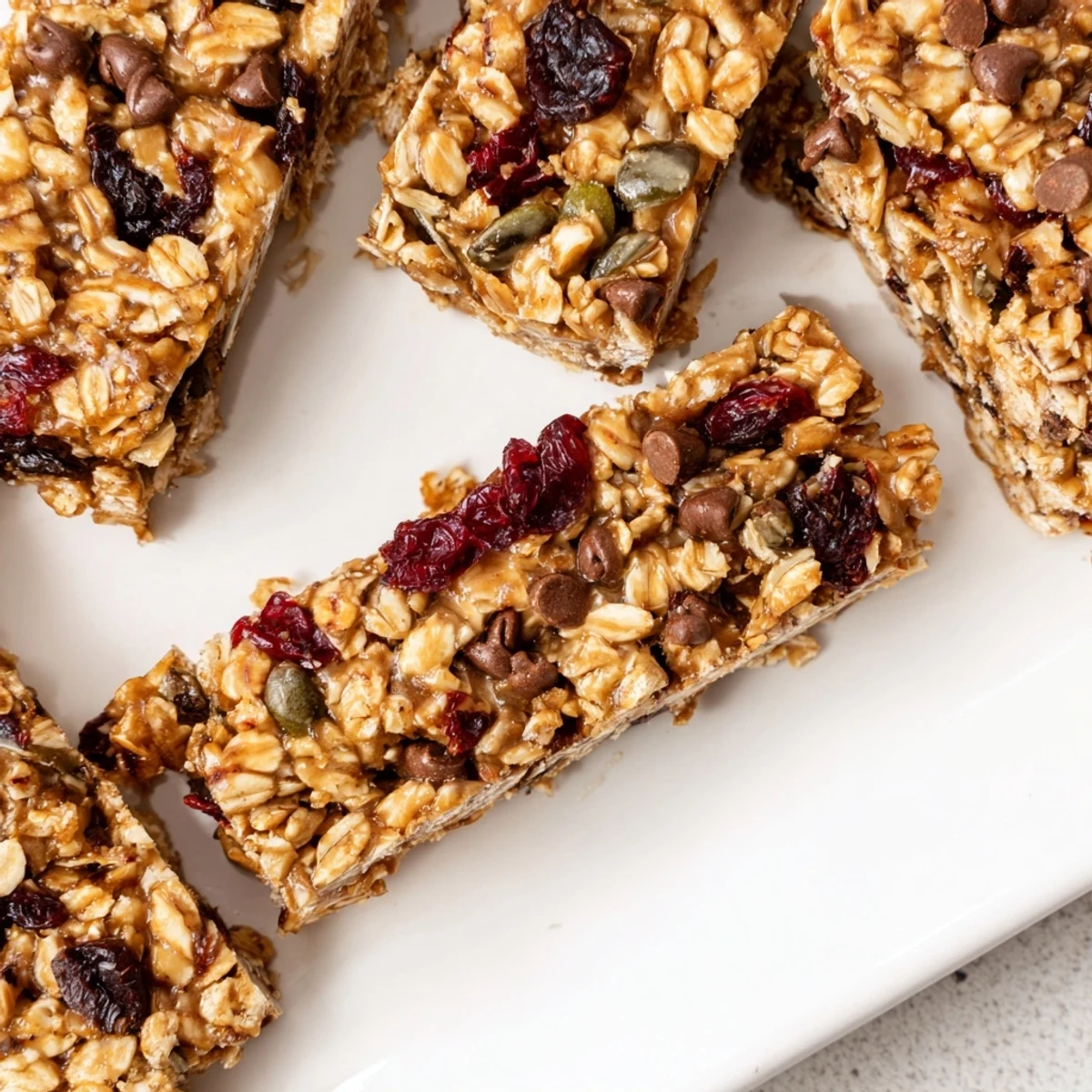 Golden-brown homemade granola bars, chewy and filled with oats, ready to grab and go for a snack.