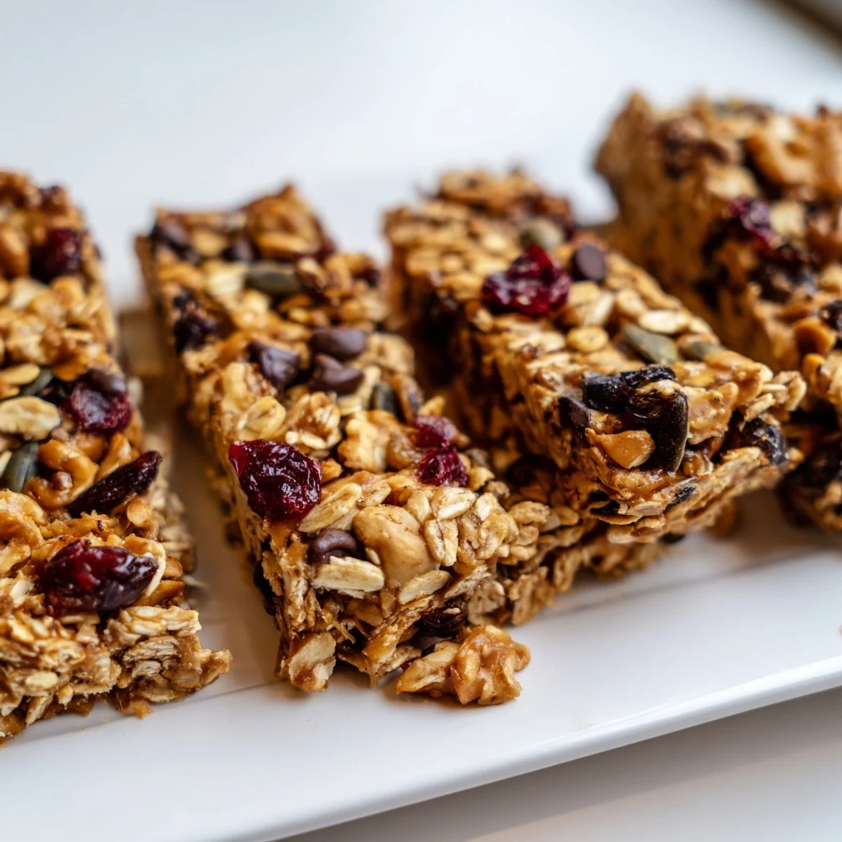 Close-up shot shows a stack of delicious homemade granola bars, ideal for lunches or a quick energy boost.