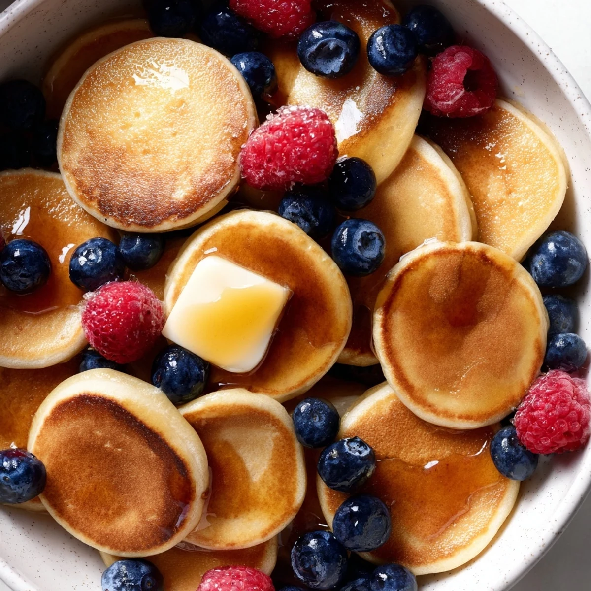 Fluffy pancake cereal topped with juicy berries and drizzled with sweet maple syrup.