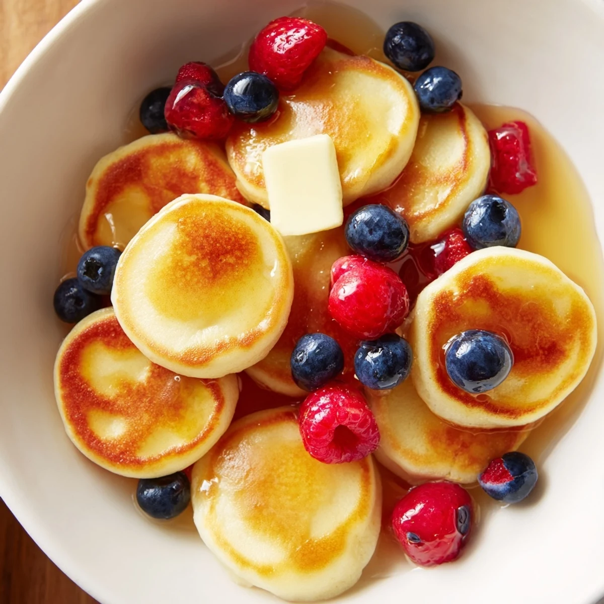 Miniature golden brown pancake cereal ready to be enjoyed with a creamy pat of butter.