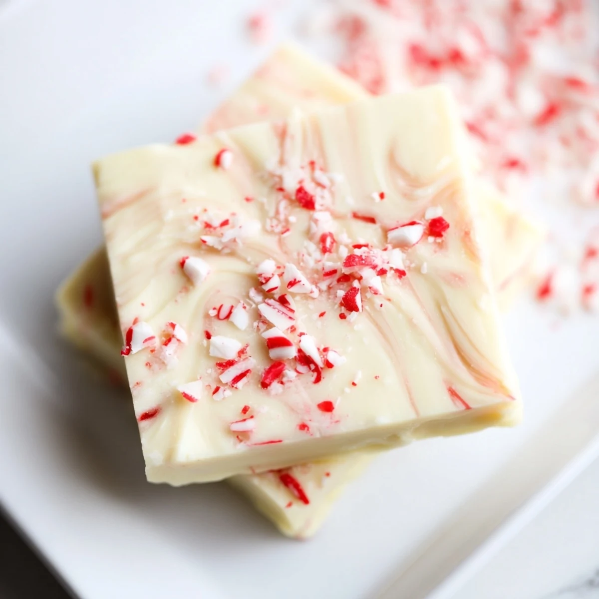 Enjoy a square of easy homemade White Chocolate Peppermint Bark Fudge – a delightful, chilled holiday treat.