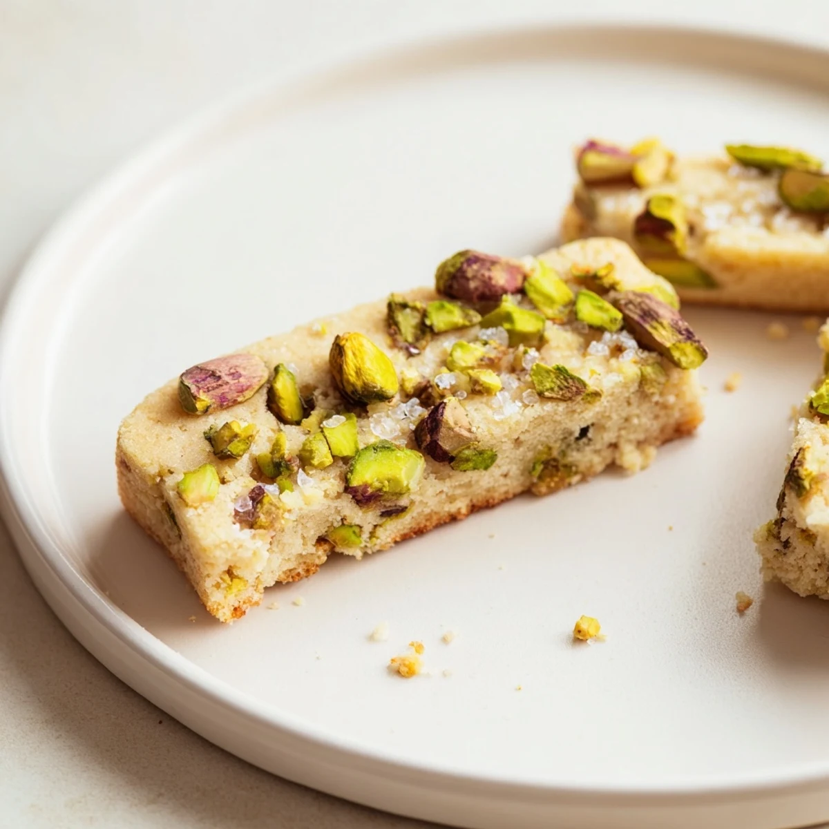 Close-up of freshly baked Salted Pistachio Shortbread, showing a perfect, tender crumb studded with nuts.