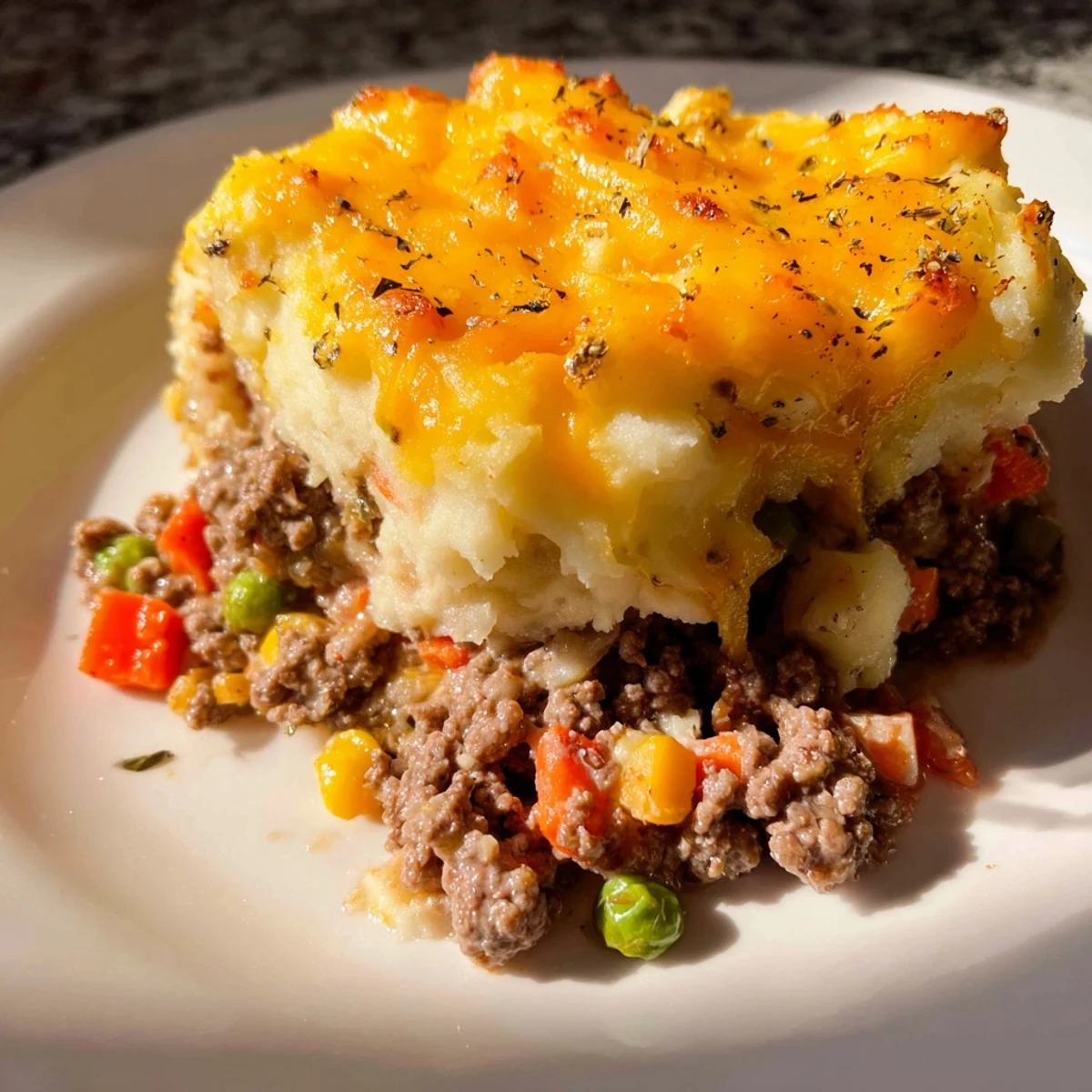 A close-up shot of a bubbling Budget Shepherds Pie, the savory filling visible under creamy mashed potatoes.