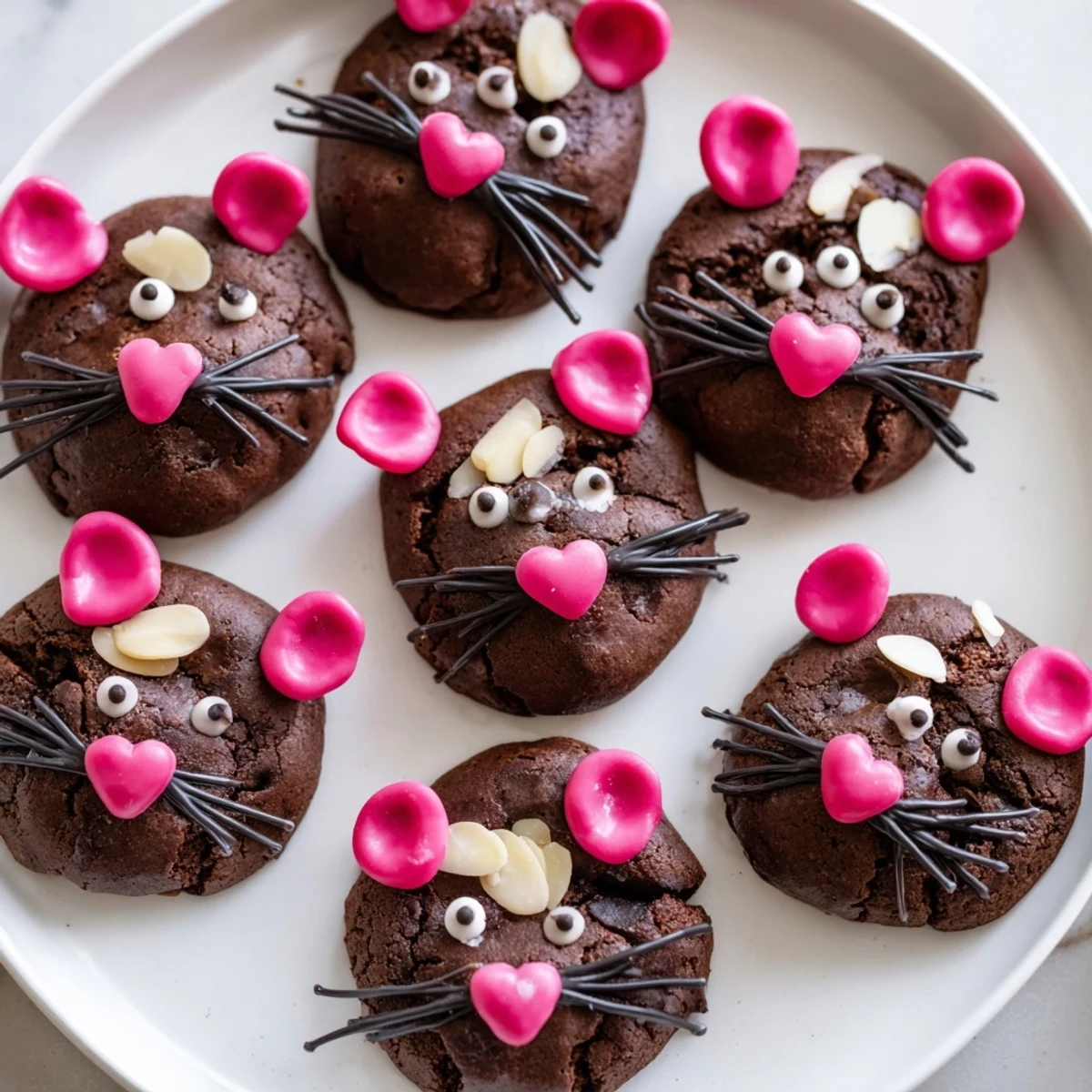 Fudgy Silly Rat Cake Brownie Bites, decorated with white chocolate, look irresistible and fun for dessert.
