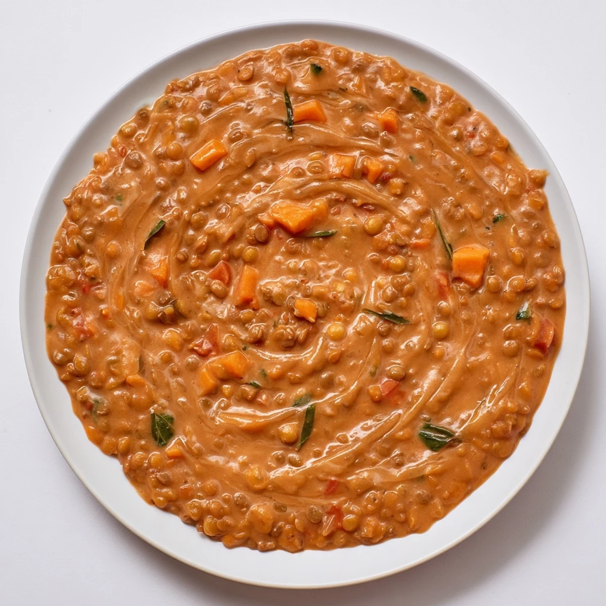 A steaming bowl of Creamy Tomato Basil Lentil Bolognese, a hearty, plant-based Italian dish, ready to eat.