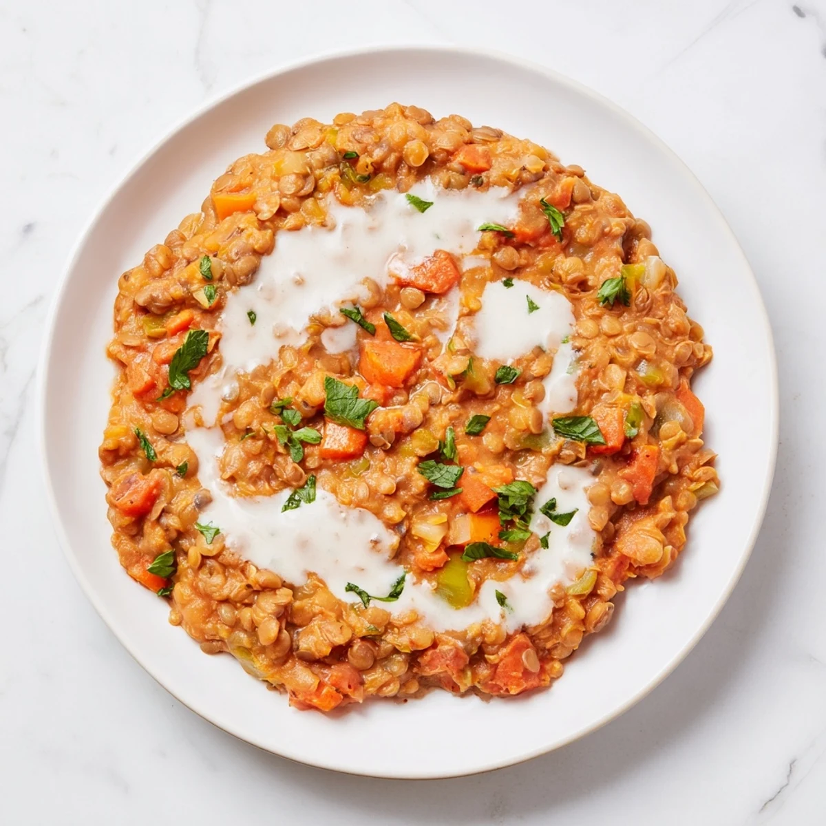 Creamy Tomato Basil Lentil Bolognese, a rich, vibrant vegan pasta topping with fresh basil and tomatoes.