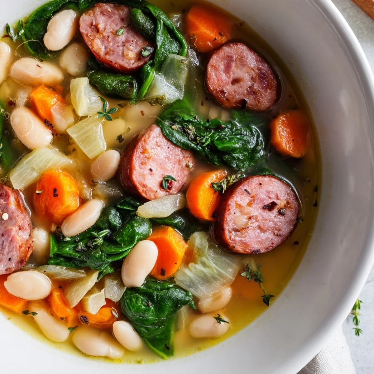 Creamy white beans and savory sausage simmer in this easy, flavorful Simple Sausage and White Bean Soup.