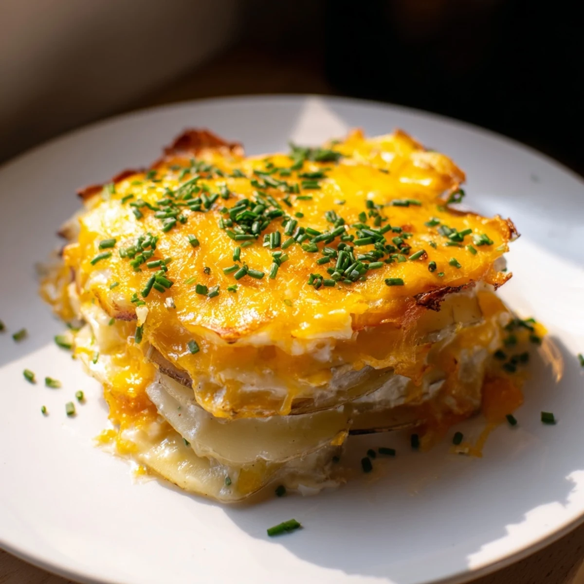 Golden-brown cheesy scalloped potatoes, fresh from the oven, ready for a comforting side dish.