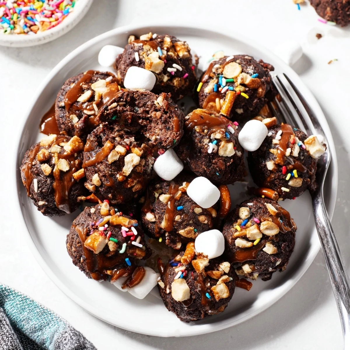 Homemade Chaos Chocolate Cake Bites, showcasing a fun explosion of textures and sweet chocolate flavors.