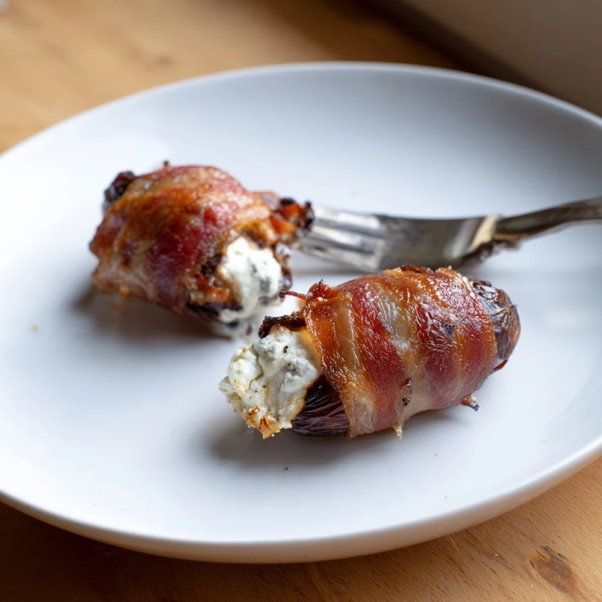 A plate of warm bacon-wrapped dates showing glistening bacon and creamy cheese ready to serve.