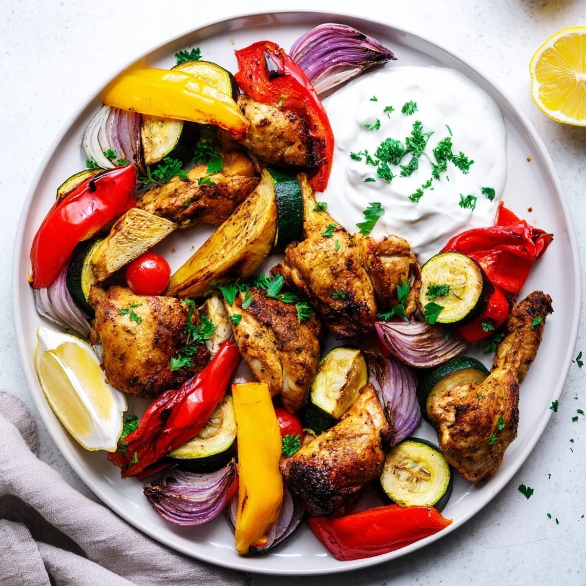 Vibrant Sheet Pan Chicken Shawarma features tender chicken thighs with colorful peppers and onions, ready to eat.