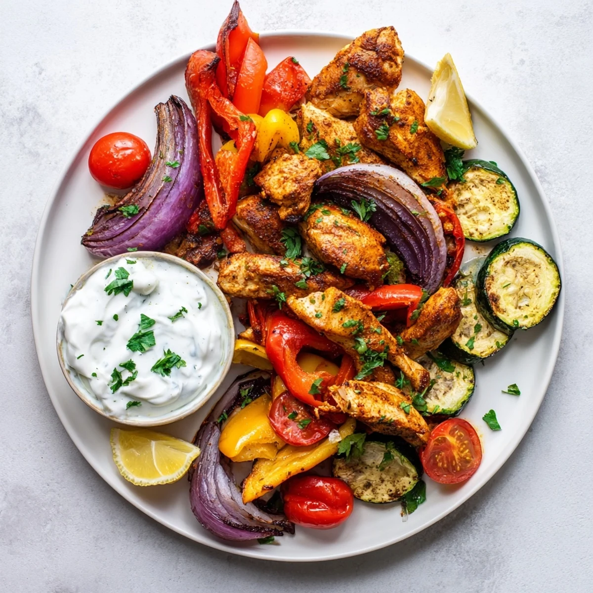 Sheet Pan Chicken Shawarma, golden chicken and roasted vegetables served with pita and creamy yogurt.