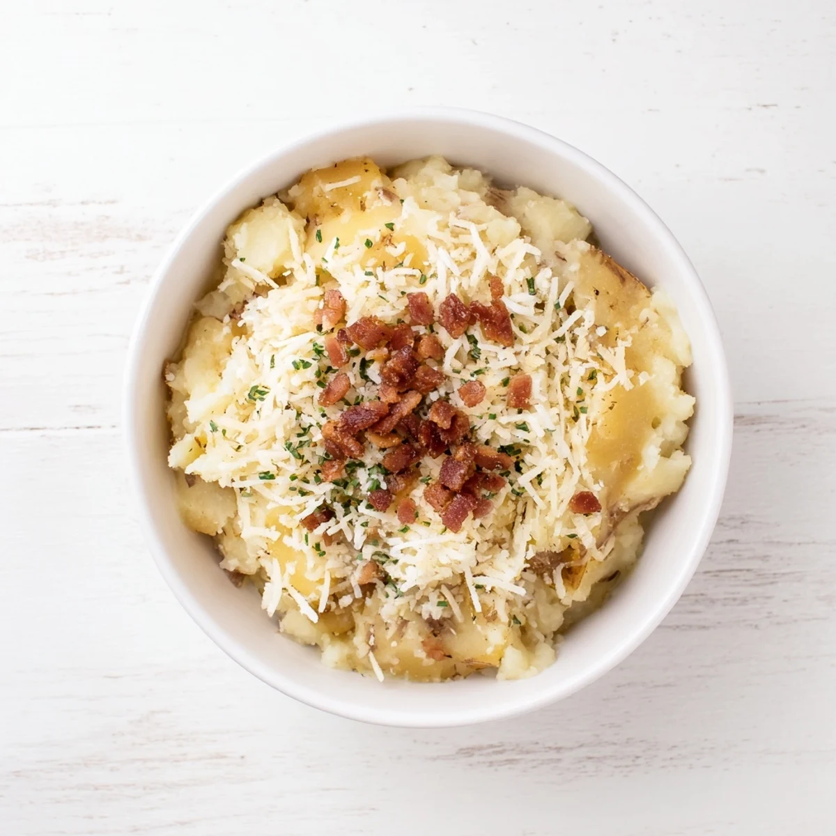 Garnishing the rich The Ultimate Baked Potato Soup, with melted cheese and fresh green herbs, ready to serve.