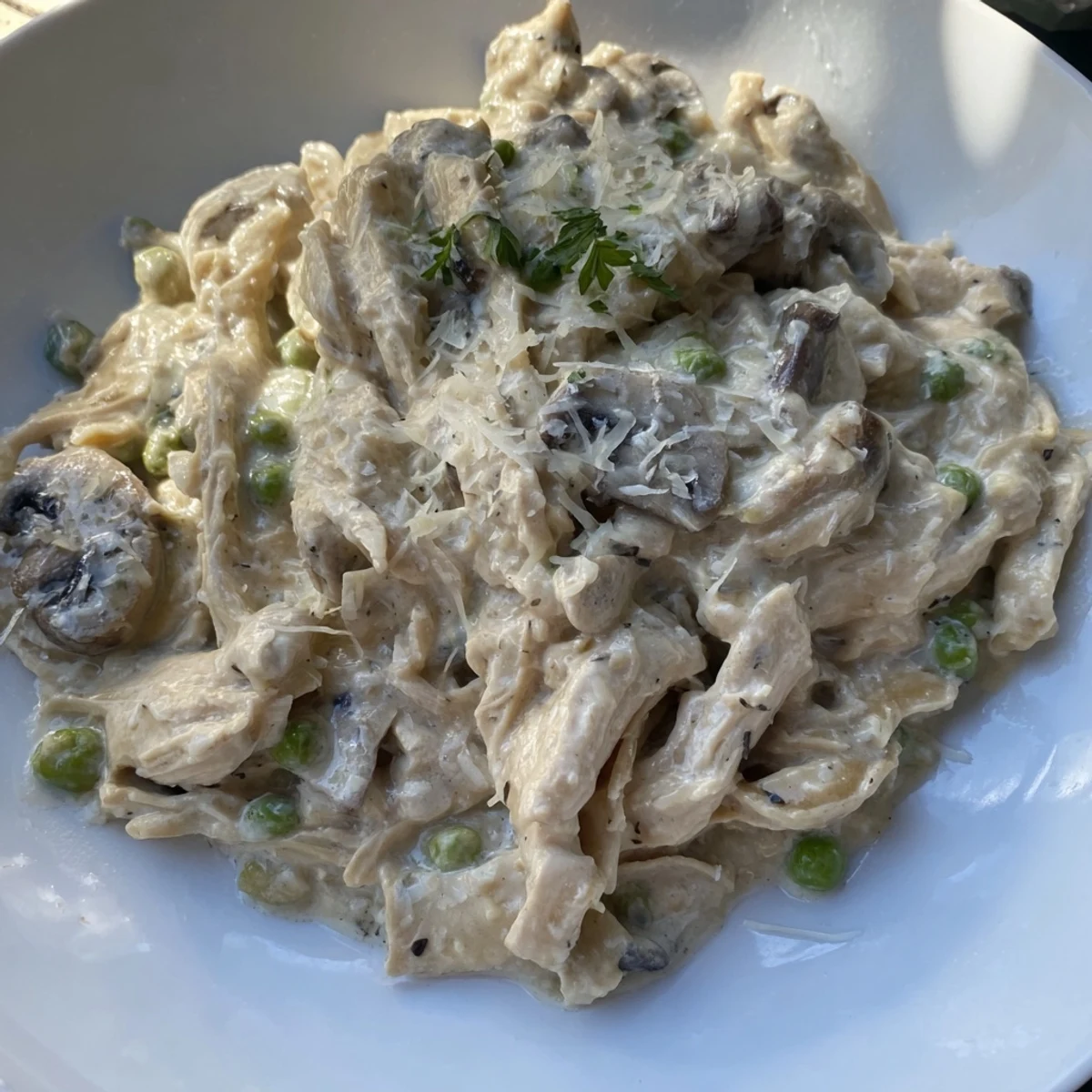 Slow-cooker Creamy Chicken Alfredo, a beautiful image of tender chicken in a rich, creamy sauce.