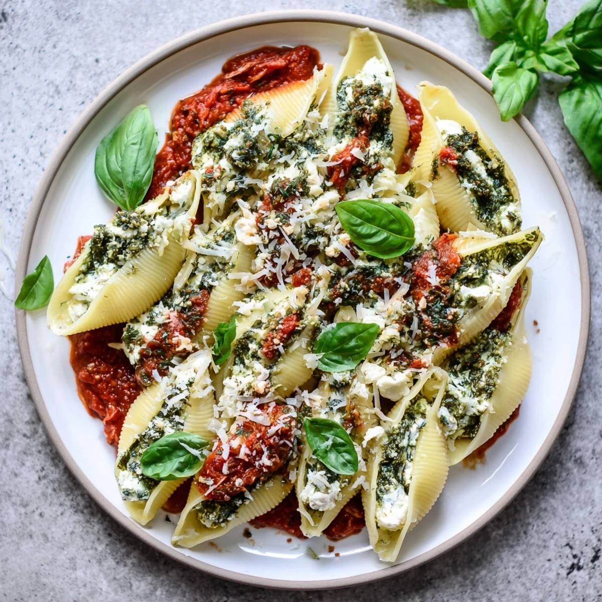 Golden, baked pesto and ricotta stuffed shells bubbling in a rich tomato sauce, ready to serve.