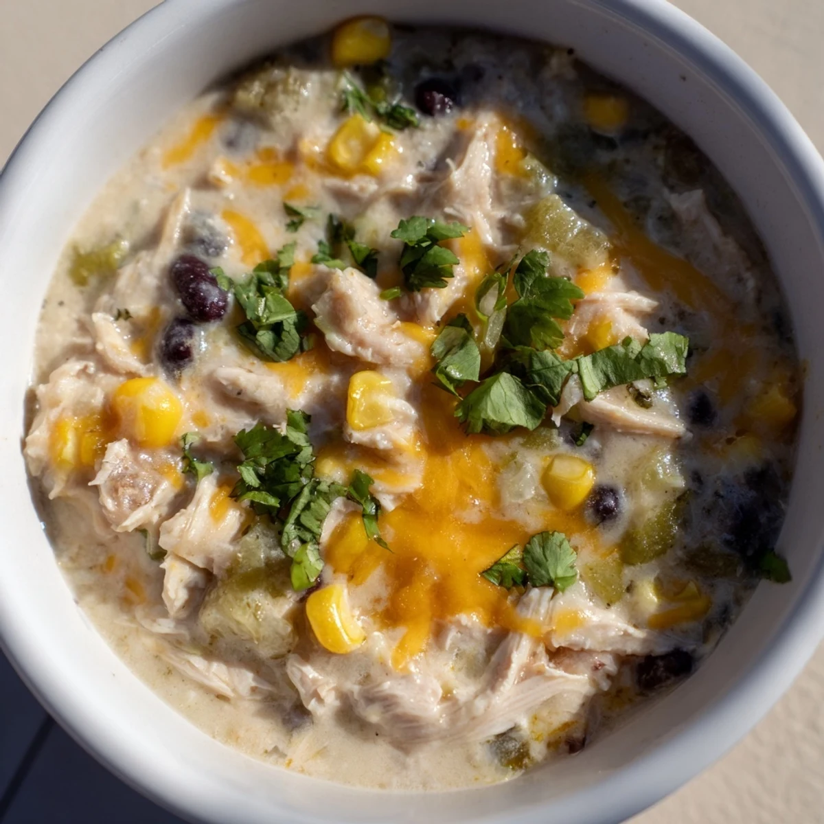 Chicken Poblano Soup, a warm bowl with shredded chicken, peppers, and creamy broth, ready to eat.