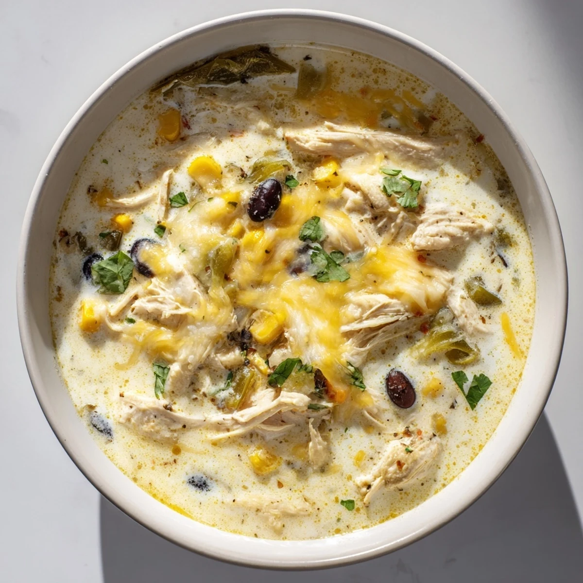 Close-up of hearty Chicken Poblano Soup, showcasing the tender chicken and colorful vegetables.