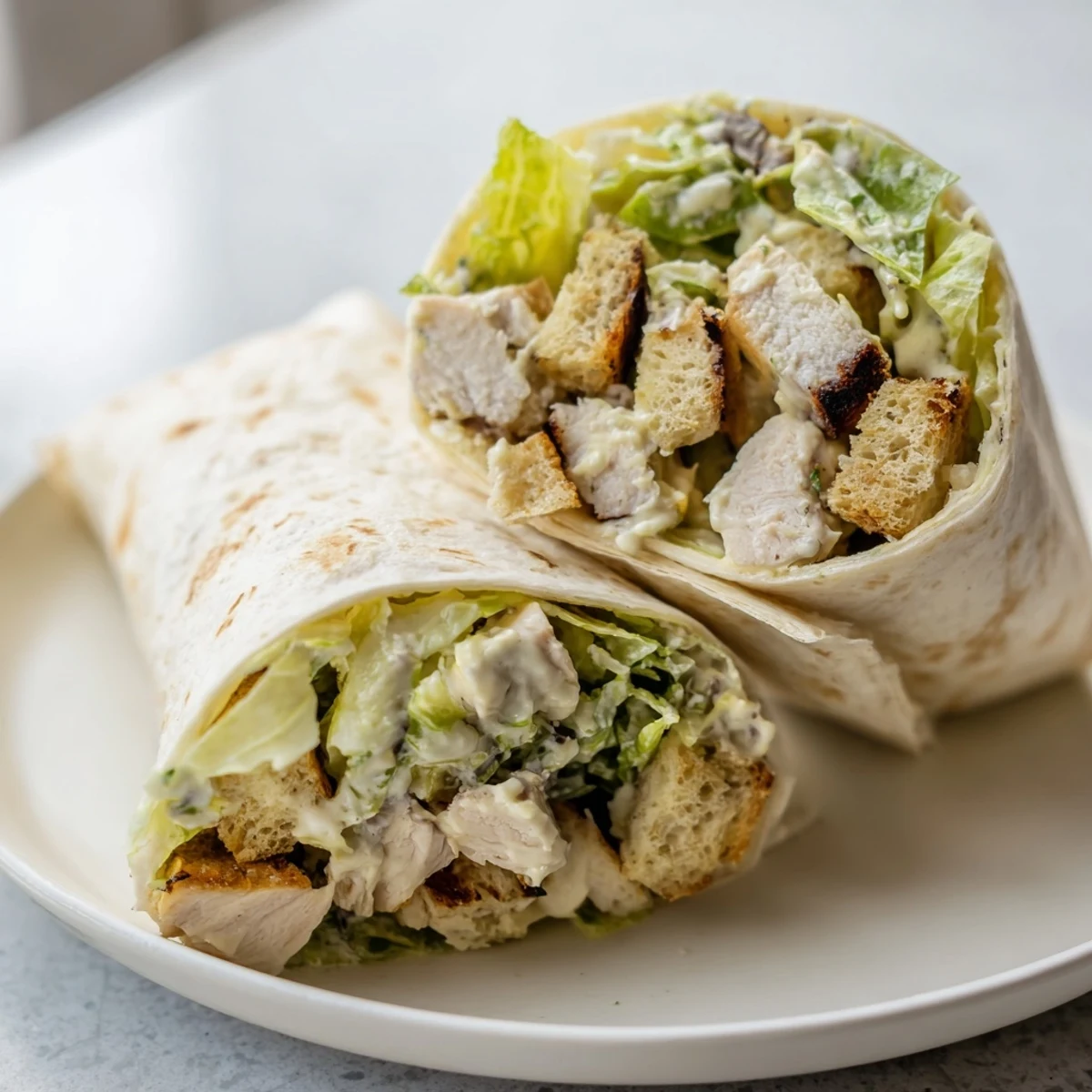 Chicken Caesar Wraps are shown, filled with chicken and lettuce, ready to be served for lunch.