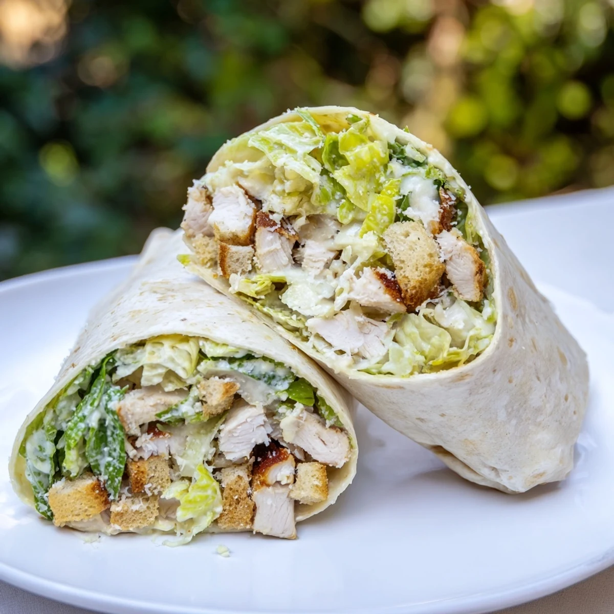 A close-up of a Chicken Caesar Wrap: the fresh ingredients are tightly rolled in a soft tortilla.