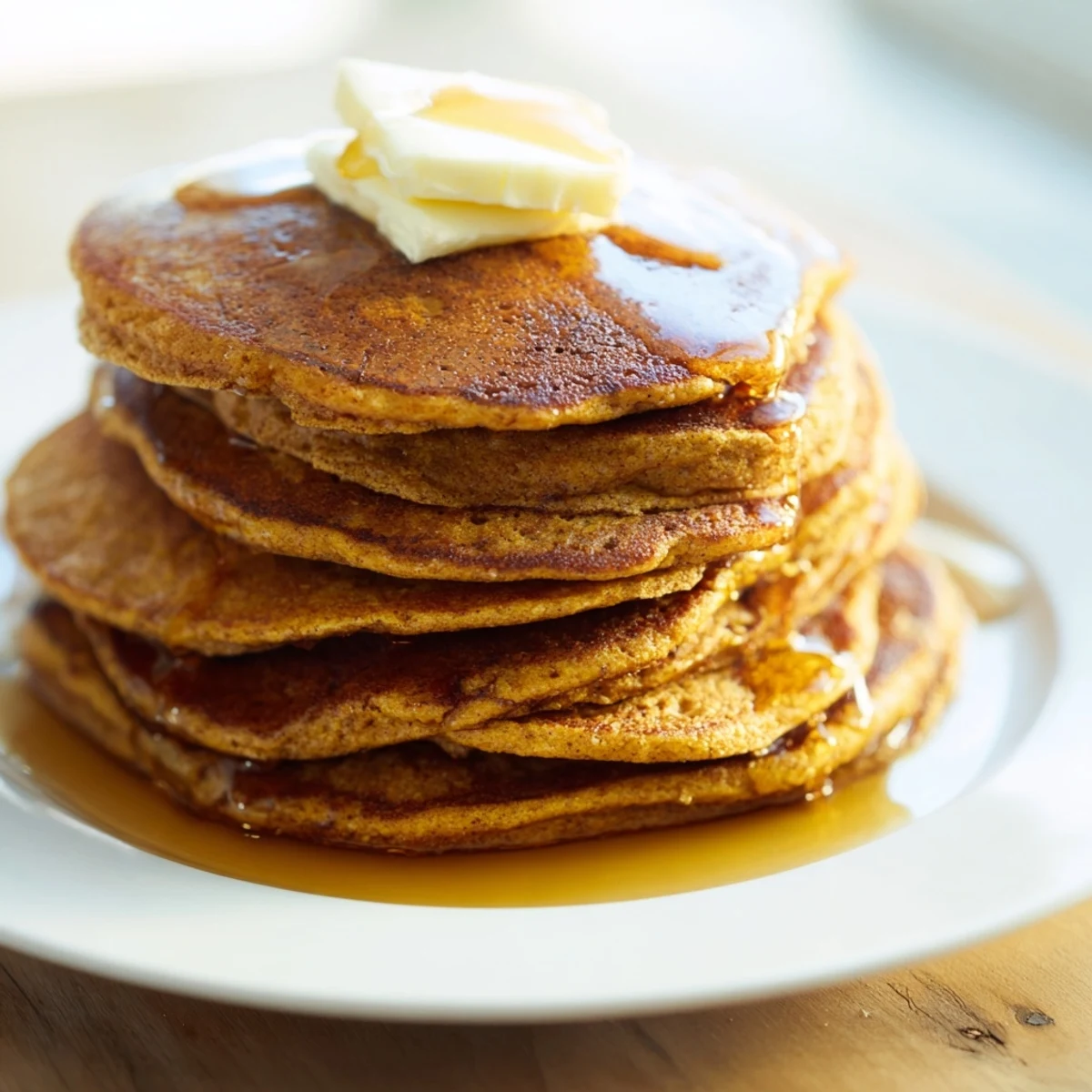 A stack of fluffy, spiced Gingerbread Pancakes, offering a taste of cozy winter mornings with butter.