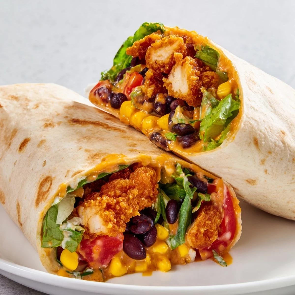 A close-up of a delicious Southwest Chicken Wrap, showing all the fresh ingredients inside the tortilla.