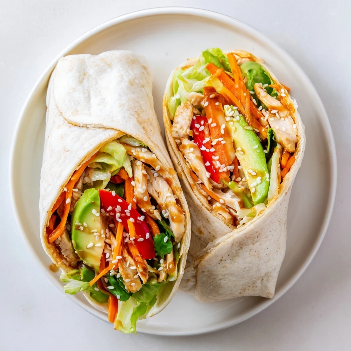 Tender teriyaki chicken wrap, bursting with colorful veggies, neatly sliced and ready to enjoy.