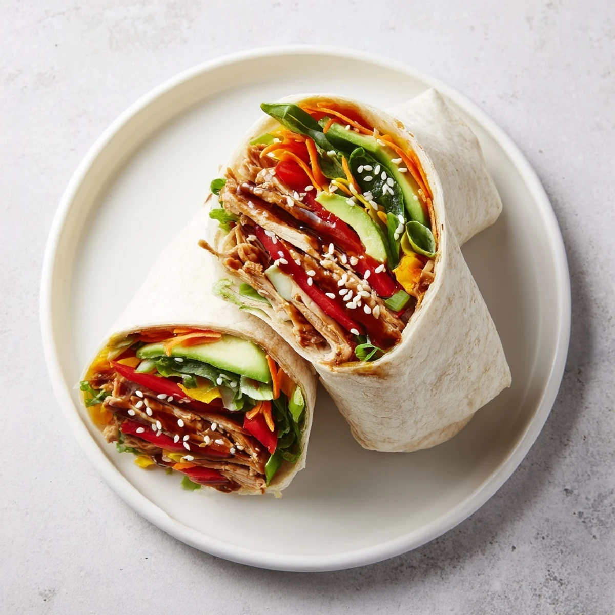 Soft tortilla filled with teriyaki chicken, crunchy lettuce, and colorful bell peppers, ready to eat.