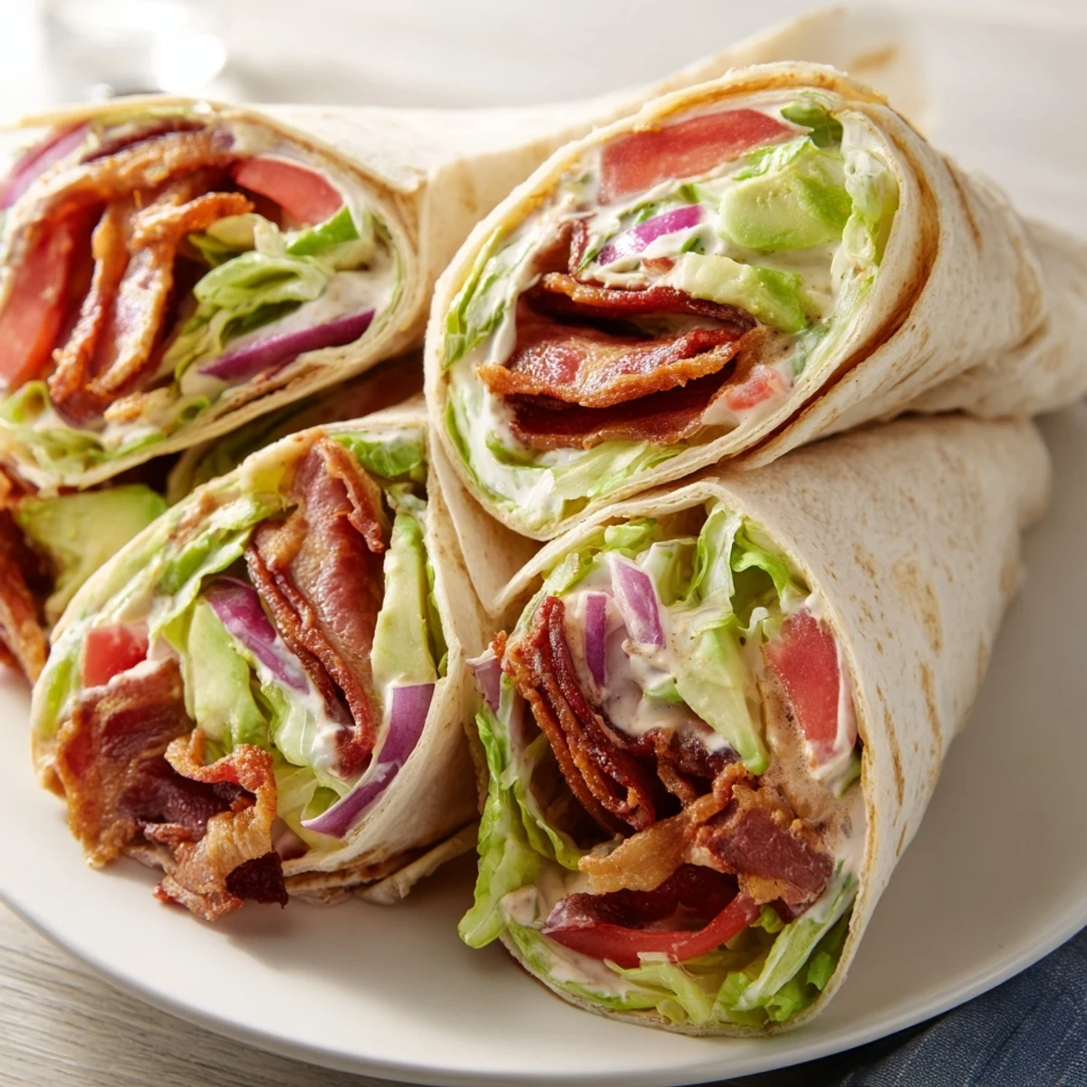 Perfectly constructed Zesty BLT Wraps: soft tortillas filled with bacon, lettuce, tomato, and chipotle mayo for lunch.