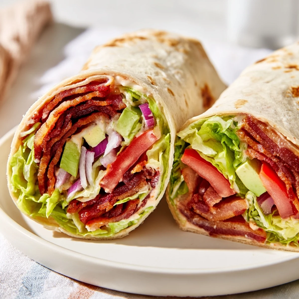 Savory Zesty BLT Wraps with Chipotle Mayo, featuring layers of bacon, and fresh ingredients, ready to eat.