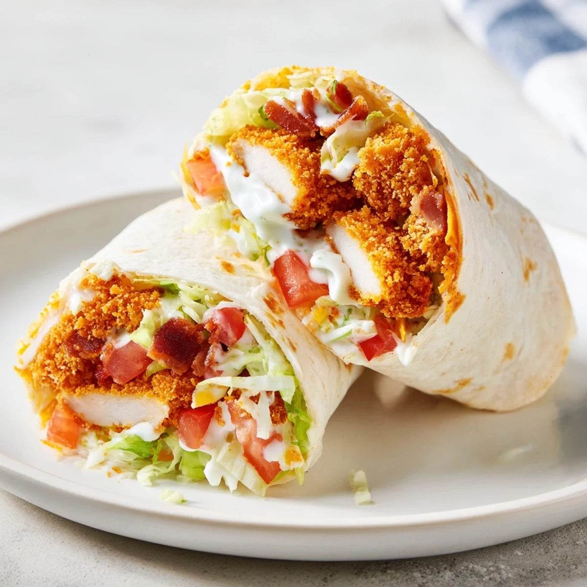 A cross-section revealing the delicious layers inside an irresistible crispy chicken bacon ranch wrap.