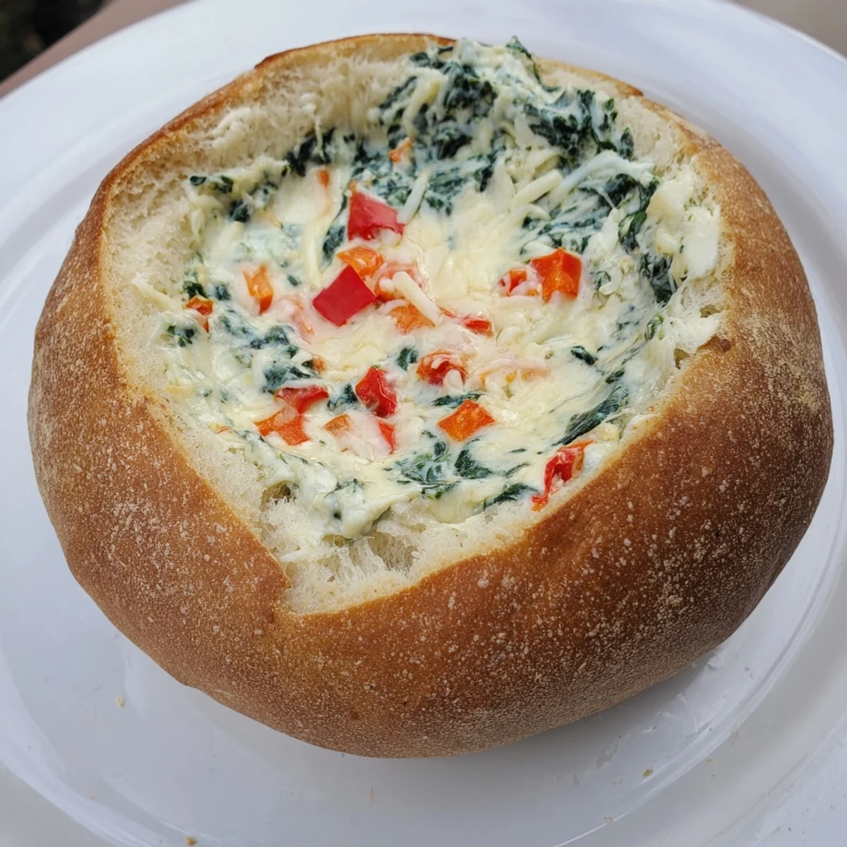 Warm, bubbly Express Holiday Spinach Dip presented in a crispy sourdough bread bowl; perfect party appetizer.