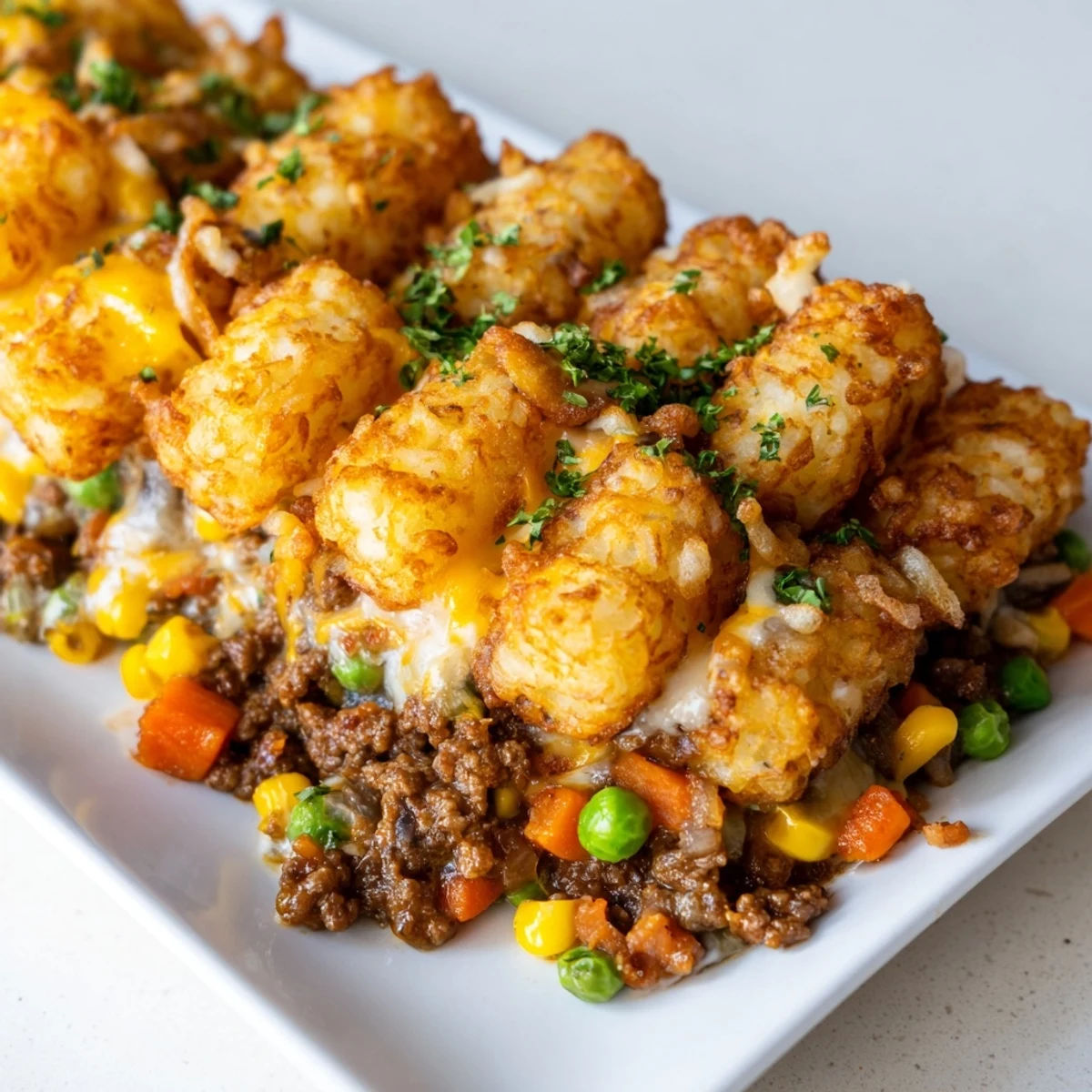 Golden, crispy tater tots crown a bubbling Quick Christmas Tater Tot Casserole with melted cheese.