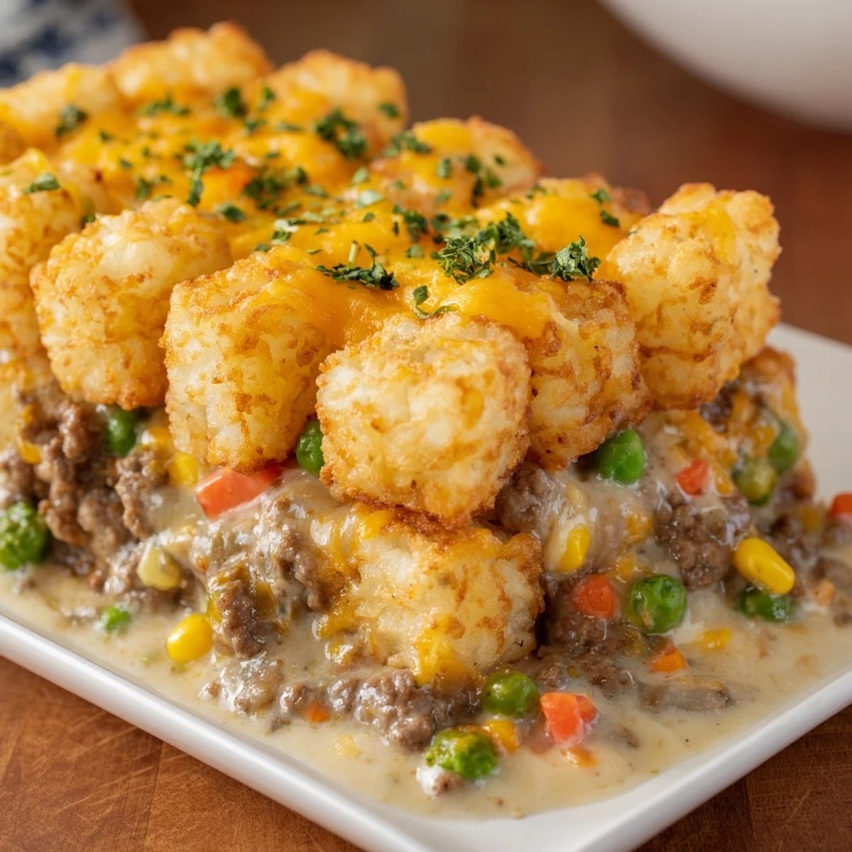 Warm and savory Quick Christmas Tater Tot Casserole has a creamy ground beef and veggie filling.