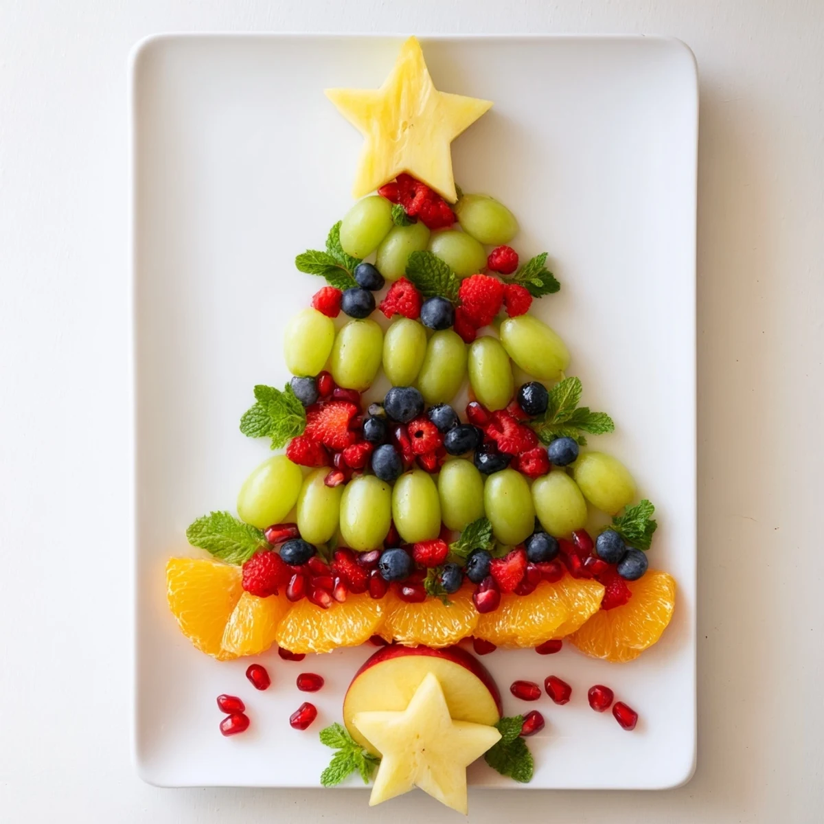 Fresh, vibrant Quick Christmas Tree Fruit Platter photo with strawberries, grapes, and pineapple stars ready to serve.