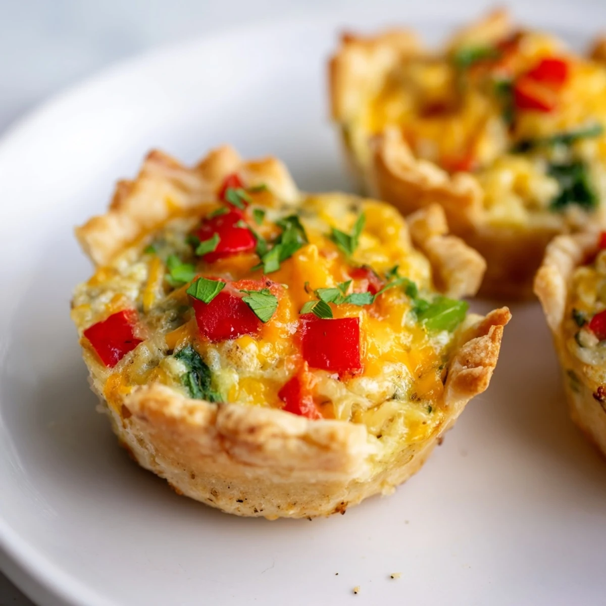 Freshly baked Easy Festive Mini Quiche Cups, perfect for a brunch, with visible colorful vegetables.