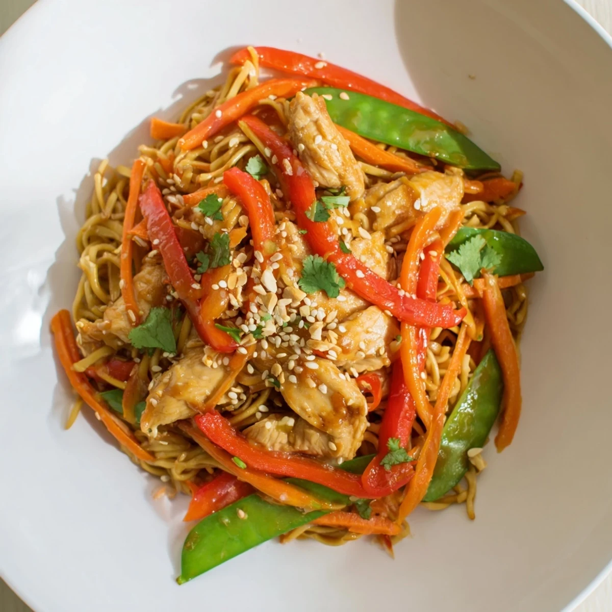 Tender Lemon-Garlic Chicken Stir Fry with Noodles, glistening with savory sauce, ready to serve on a plate.