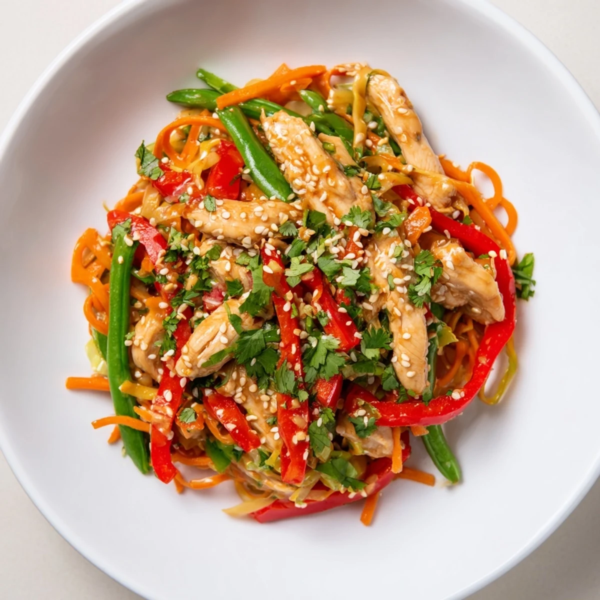 A colorful view of Lemon-Garlic Chicken Stir Fry with Noodles; you can almost smell the zesty lemons.