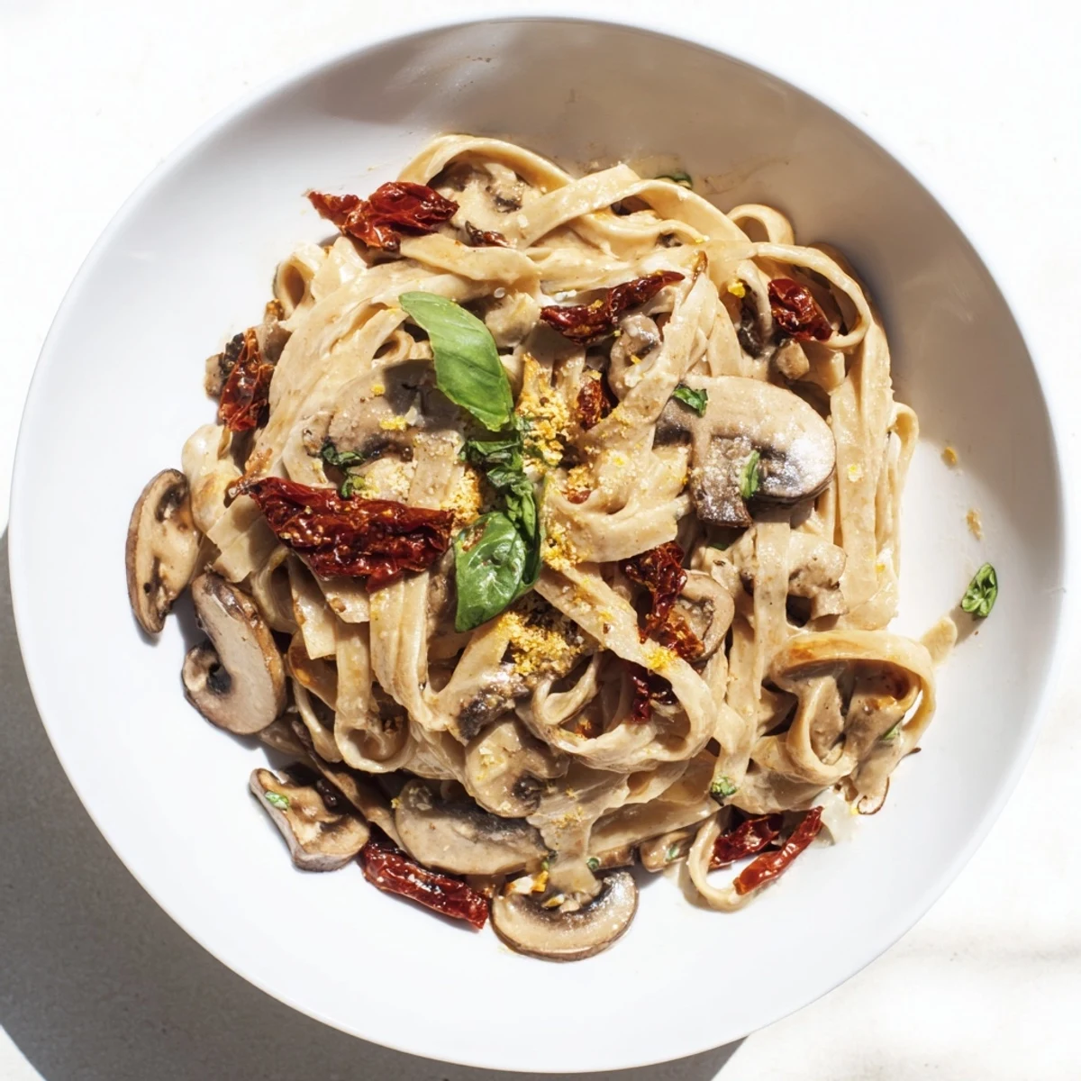 Creamy Vegan Marry Me Mushroom Pasta, a delightful dish with sun-dried tomatoes and fresh basil garnish.