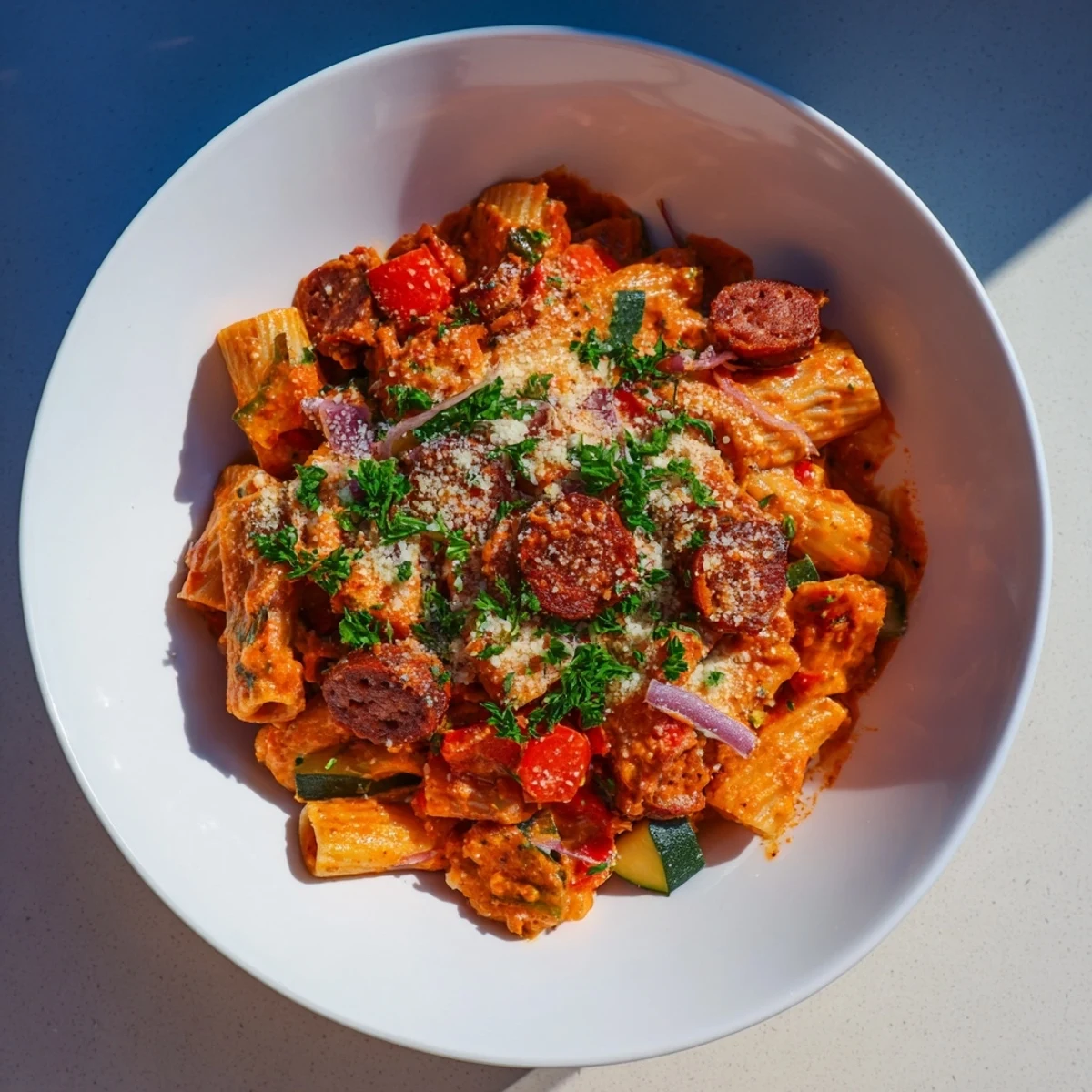 Savory Spicy Vegan Chorizo Baked Pasta, baked until golden and bubbly, with roasted vegetables in every bite.