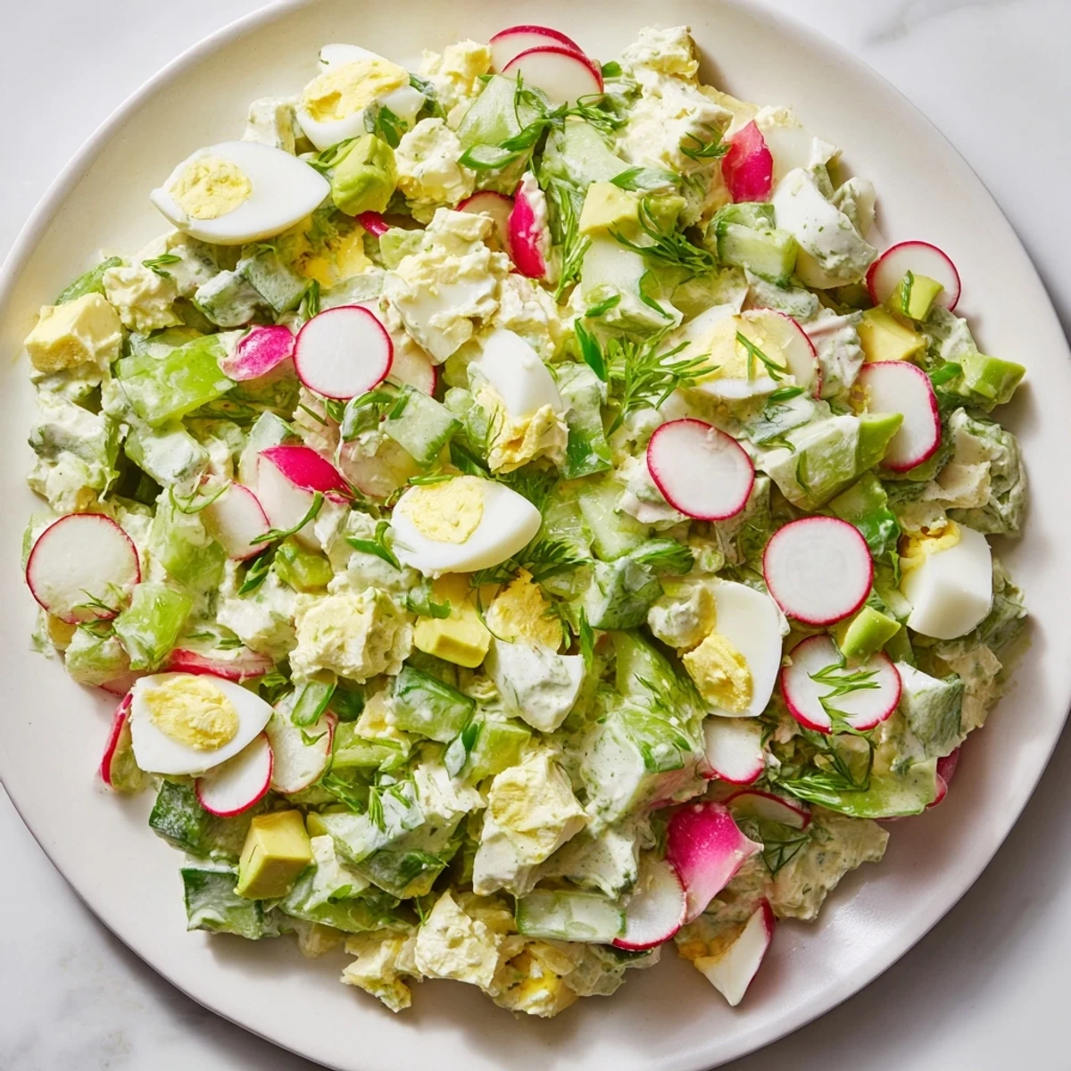 Freshly made Green Goddess chopped egg salad featuring bright green vegetables and creamy dressing.