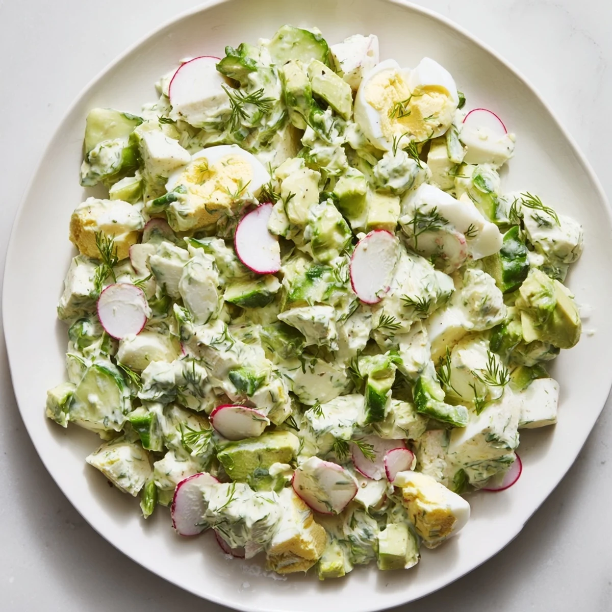 A colorful bowl of Green Goddess chopped egg salad, perfect for a refreshing lunch with friends.