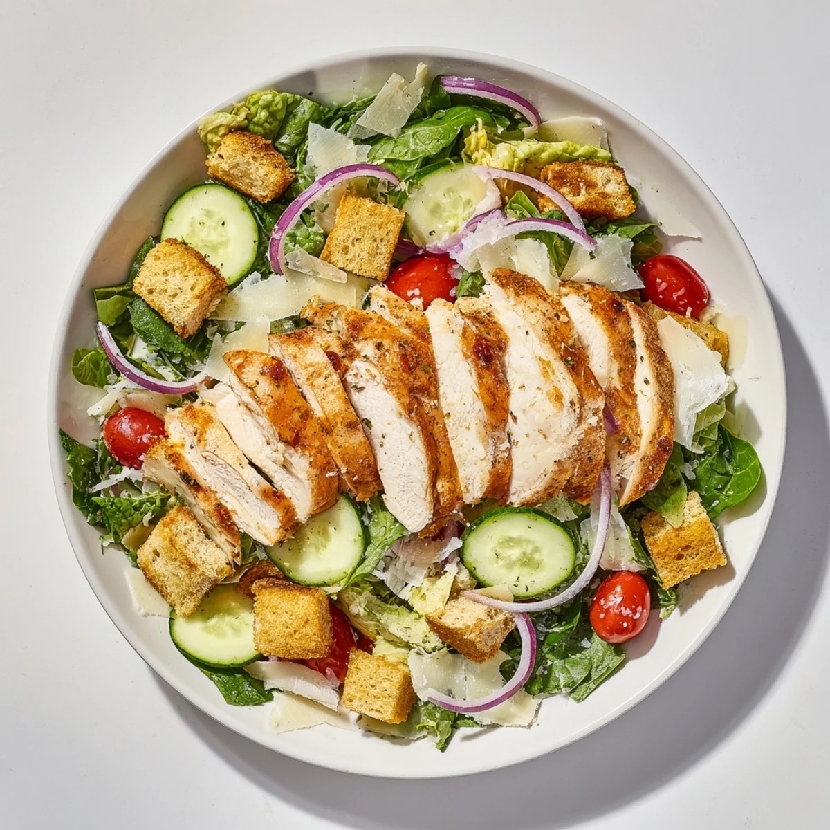 Quick Crunchy Lemon Parmesan Chicken Salad, showcasing tender chicken over fresh greens, drizzled with zesty dressing.