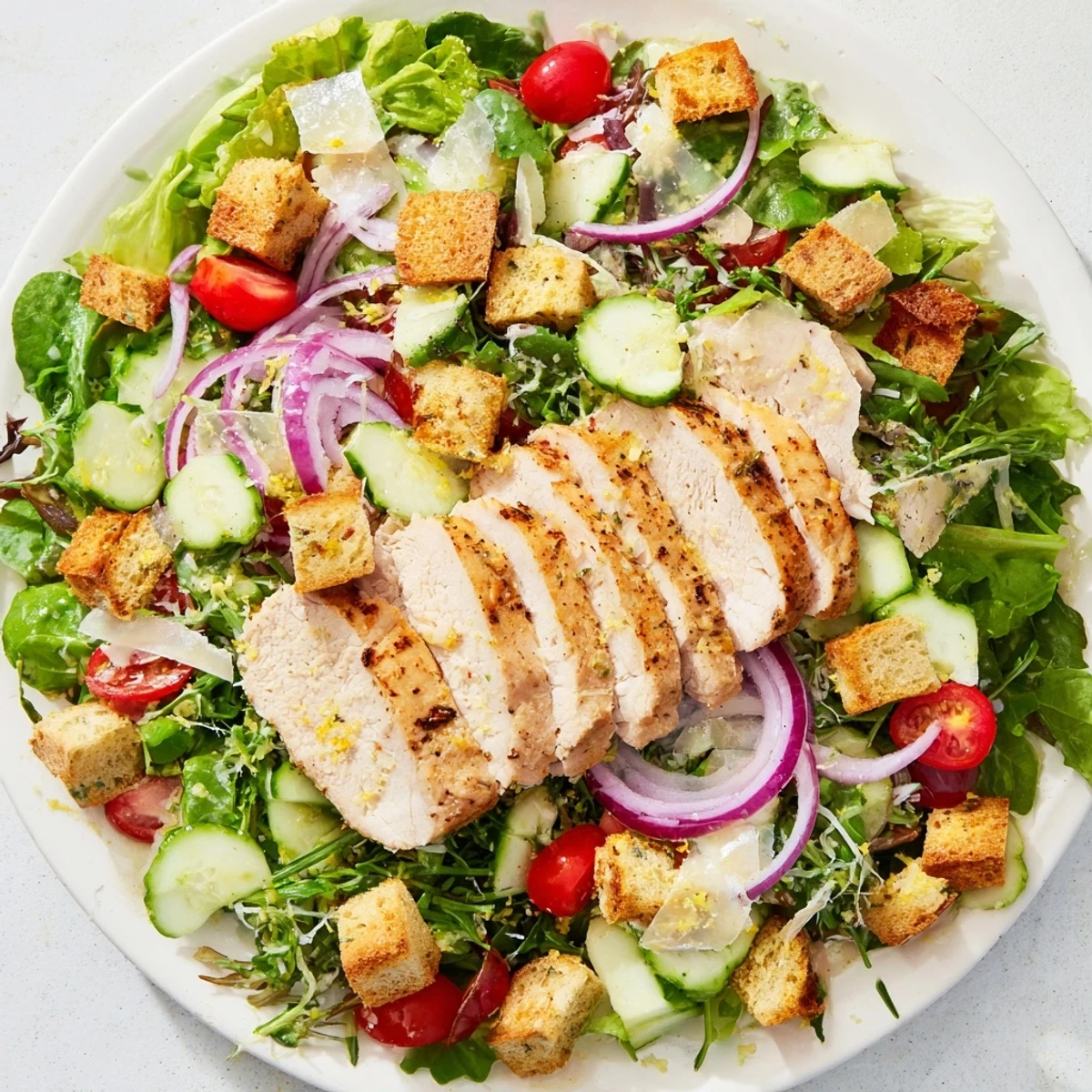 Golden sliced Quick Crunchy Lemon Parmesan Chicken Salad, filled with juicy tomatoes and crunchy croutons, ready to eat.